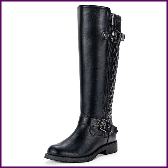 Women's Knee High Riding Boots Wide Calf Metal Buckle Zipper Comfort
